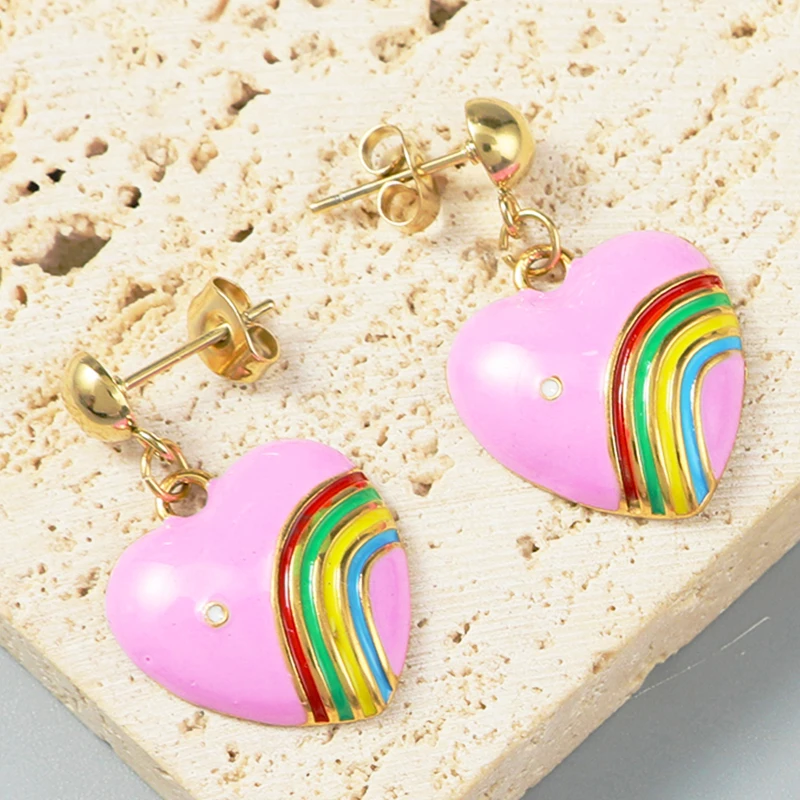 

Rainbow Earrings Boho Love Heart Dangle Earring Pink Stainless Steel Earrings for Women Colorful Earrings Trend Jewelry 2024