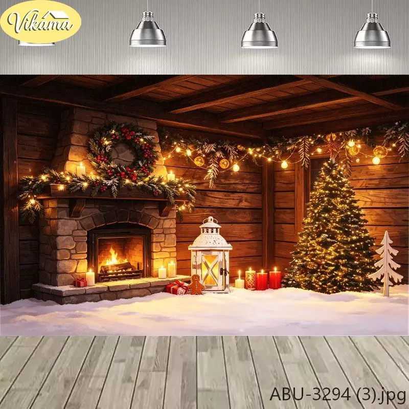 VIKAMA Christmas Fireplace Wooden House Tapestry, Christmas Tree Background Cloth, Party Wall Decor