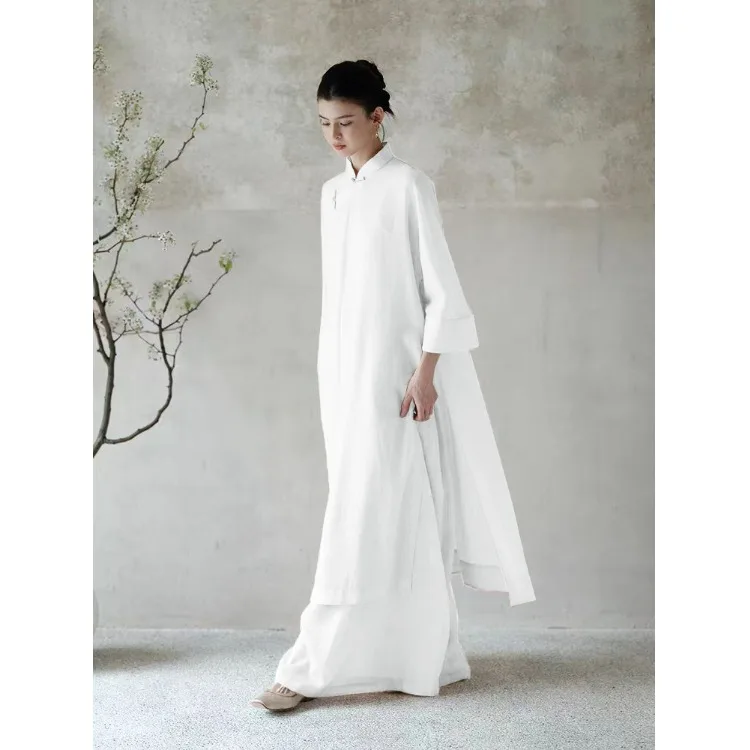 

Loose Long Shirt Set Three Pieces Set Spring Fashion Chinese Style Zen Tea Clothing Slanting Lapel Stand Collar Ethnic Women'...