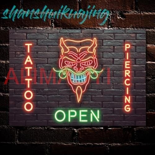 Tattoo Body Piercing Shop OPEN Neon Effect Sign Wall Decor Gift Metal Plaque
