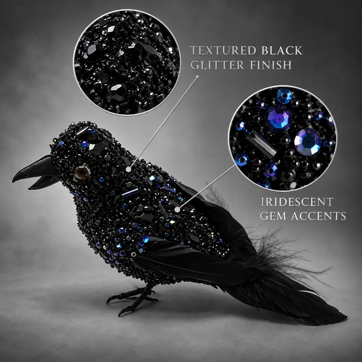 6PCS Black Jeweled Raven Decorations, 6.3 Inch Halloween Crow Ornaments with Feather Tails for Gothic Party and Tree Decor