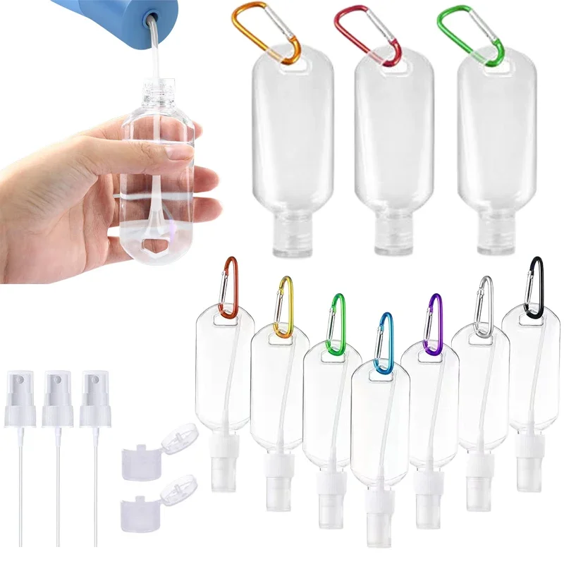 

50Pcs Portable 30/50/60ml Empty Clear Plastic Bottles with Keychain w/ Flip & Spray Caps Refillable Travel Liquid Containers