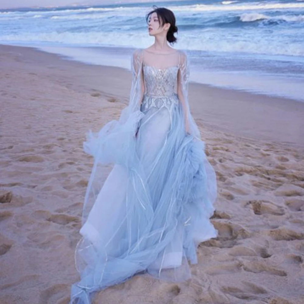 فساتين سهرة Yipeisha بسيطة من التول باللون الأزرق السماوي مع زينة مطرزة بالخرز مثيرة بدون ظهر بطول الأرض وحفلات رسمية Pr