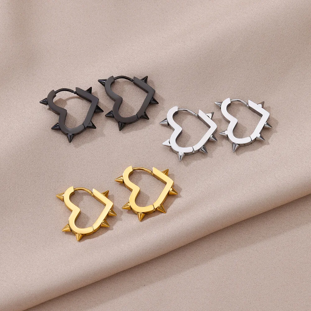 Punk Goth Heart Earrings For Women Black Sliver Gold Color Star Square Stainless Steel Earrings Piercing Rock Jewelry Gifts 2023