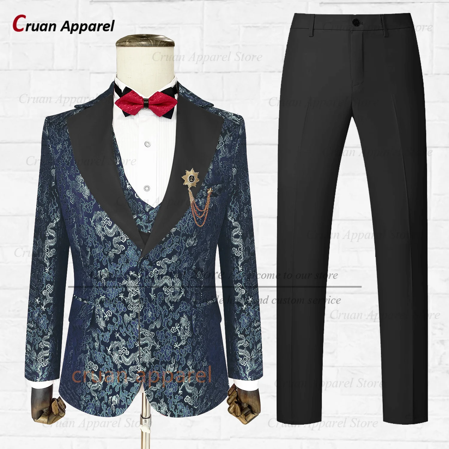 

Newest Men Suit Set Fashion Banquet Tailor-made Slim Fit Blazer Vest Pants 3 Pcs Wedding Party Groomsman Luxury Jacquard Outfits