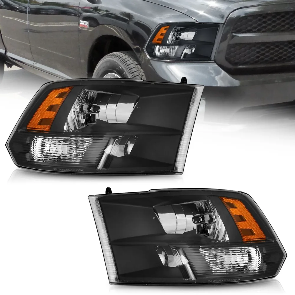 

Pair Black Headlights For 2009-2018 Dodge Ram 1500 2500 3500 Quad Left+Right