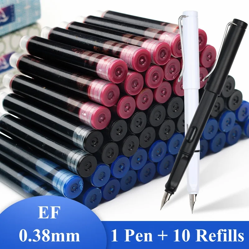 0.38mm 1 Fountain Pen +10 Refills Set Black Blue Red Ink EF Nib Student School Office Stationary Refillable Writing Supplies