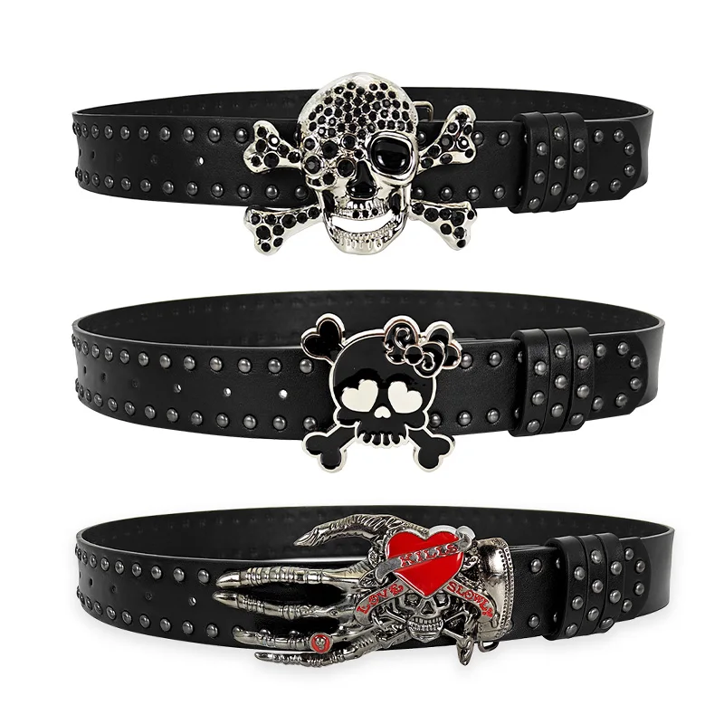 Unisex Punk Gothic Men's Belt Male Skull Bucket Fashion Belts For Women Plus Size Designer Luxury Black Rivet Jeans Belt Female