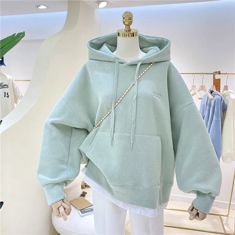 Women Solid Hoodies Sweatshirts Loose Long Sleeve Tops Casual Sporty Thick Warm Ladies Pockets Hooded Pullover Sweatshirt