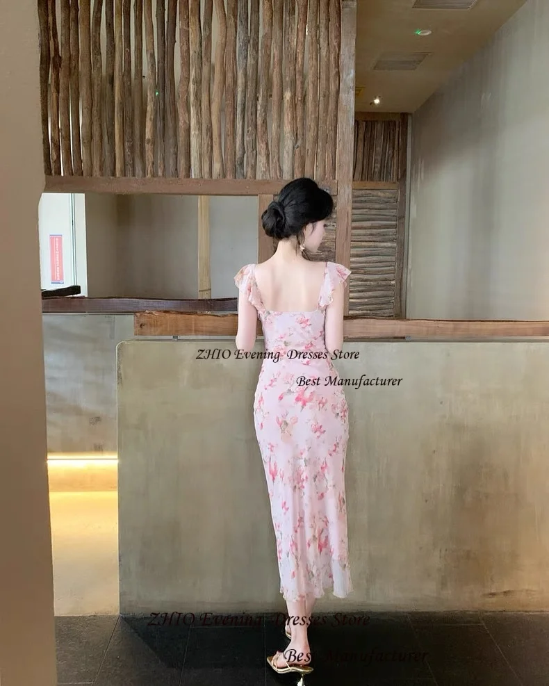 ZHIO عادية الوردي الشيفون الأزهار طباعة قصيرة الأكمام مستقيم ثوب مسائي فستان الكاحل طول الخامس الرقبة عارية الذراعين فساتين حفلات رسمية