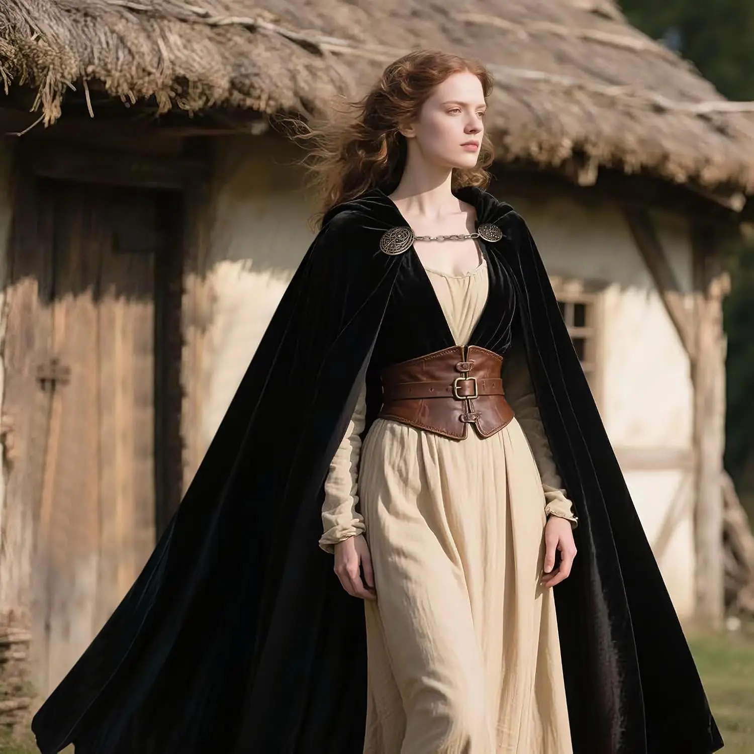 كيب الفايكنج بغطاء للرأس - عباءة عصر النهضة السوداء في العصور الوسطى مع غطاء للرأس، ومشبك سلسلة للهالوين، والمناسبات التنكرية والأزياء التنكرية #2