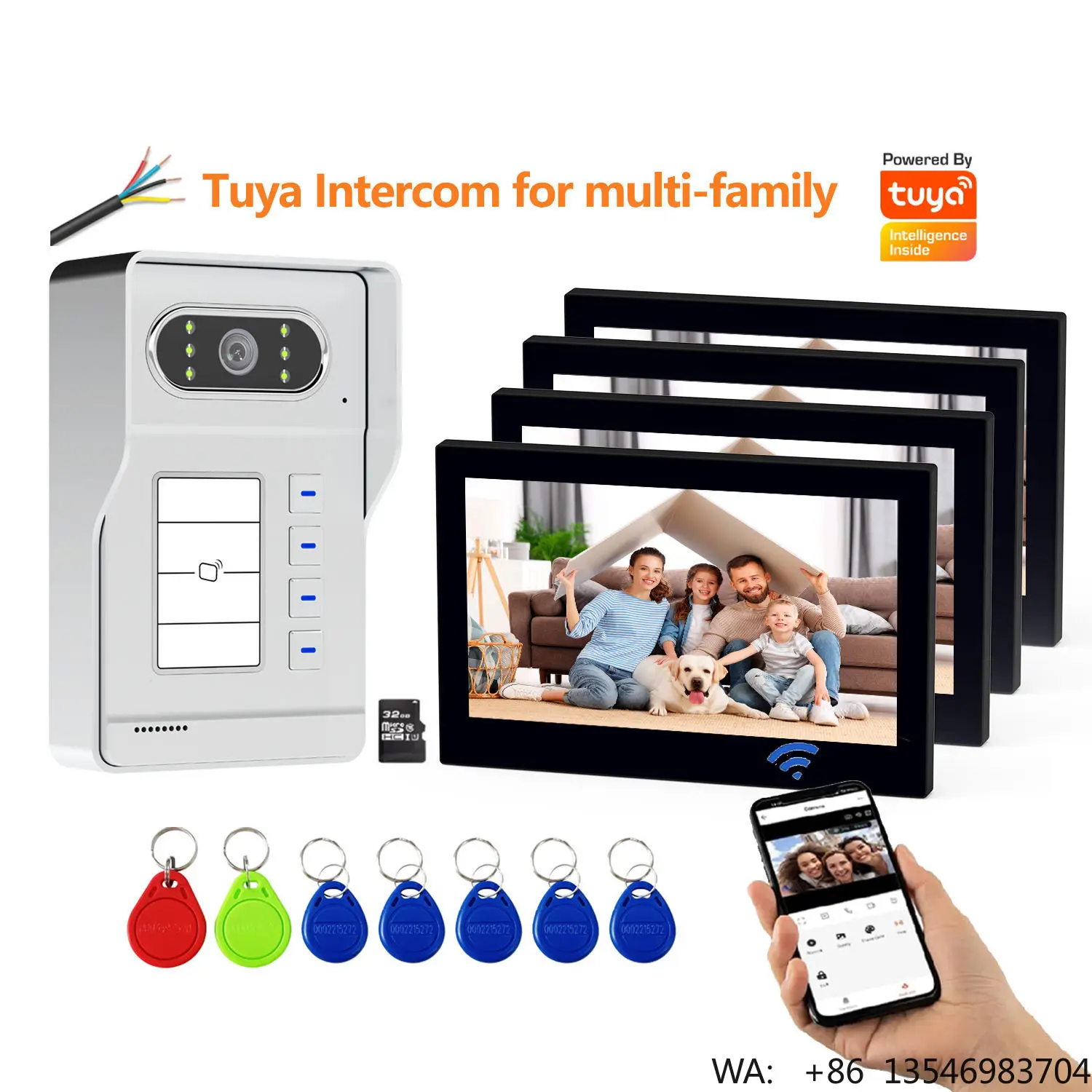 

4 WiFi Video Doorbell Kits for s Wired IR Outdoor 7 Inch Video Intercom System Supporting ID Unlock for