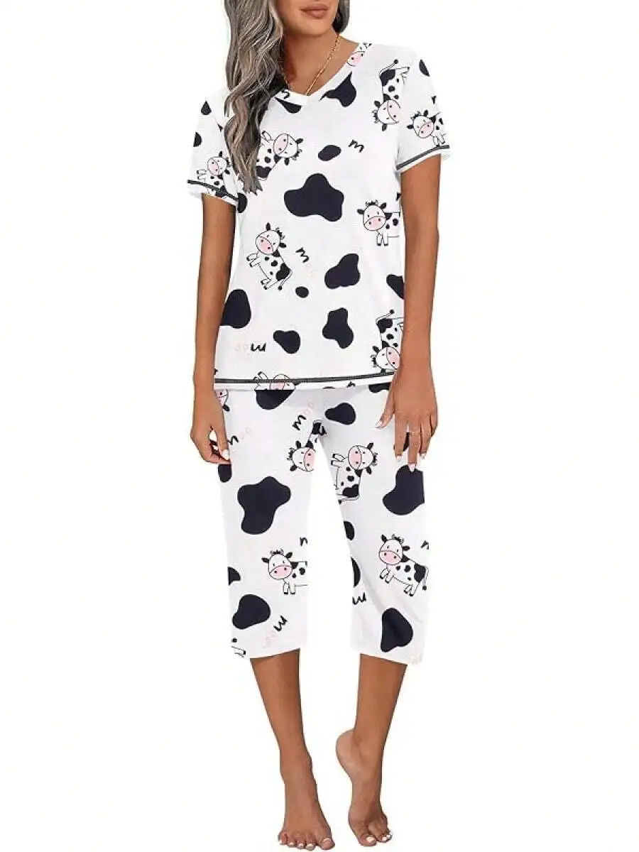 

Womens Cow Print Pajama Set Short Sleeve Top And Capri Pants With Pockets S-3XL