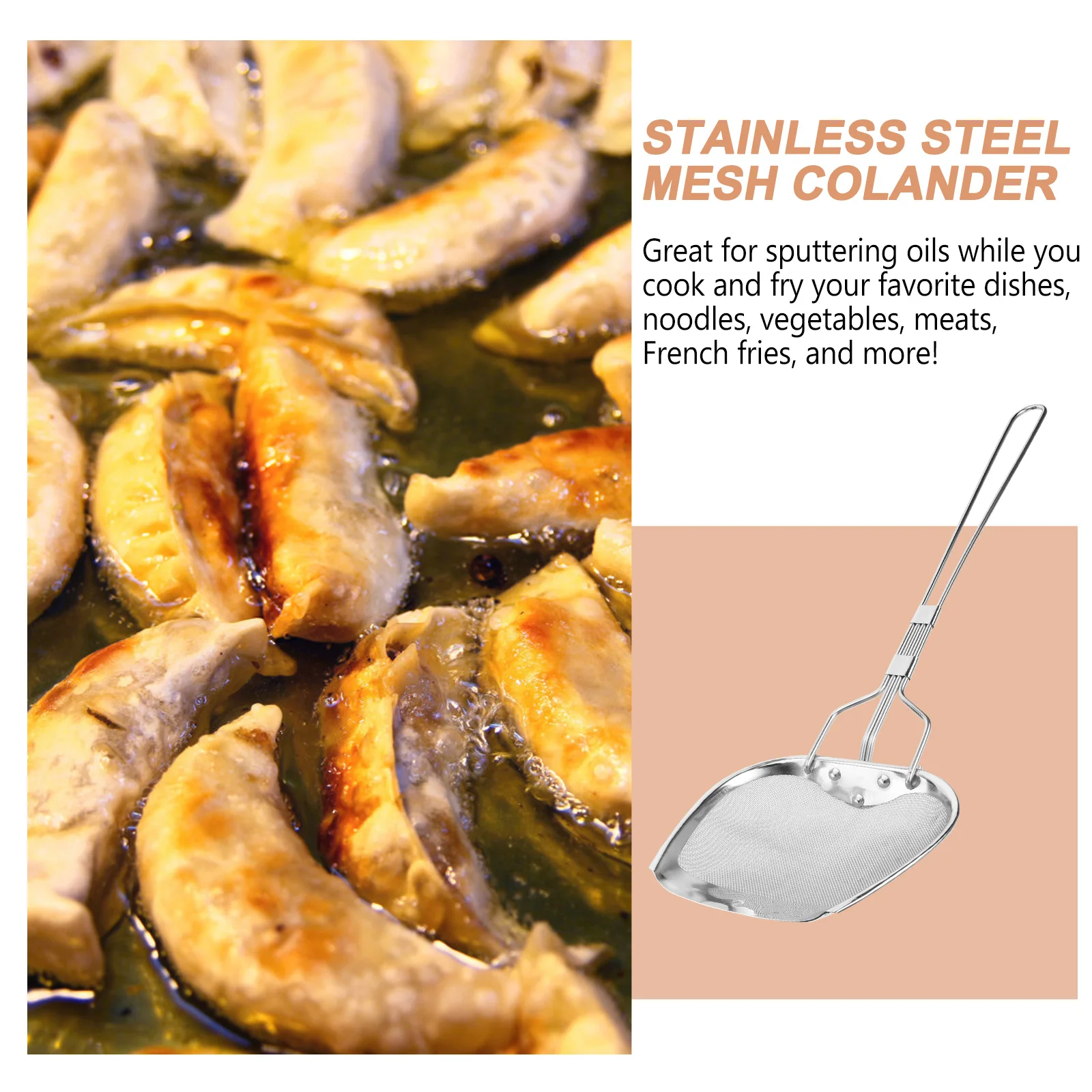 

Stainless Steel Oil Strainer Square Mesh Colander Long Handle Kitchen Cooking Strainer Spoon Filter Soup Sputtering Oil Fry Tool