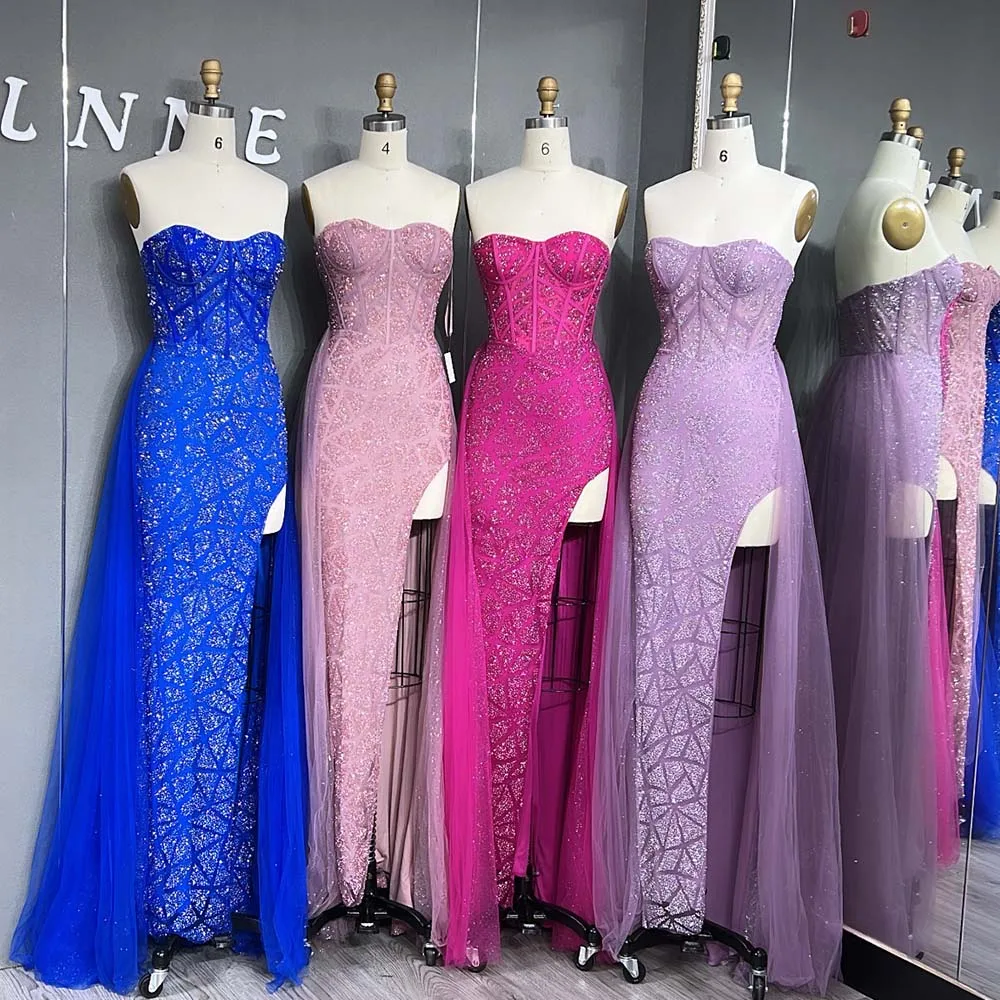 YQLNNE Glitter Pink High Slit Prom Dresses Long Strapless Tulle Mermaid Evening Gown With Removeable Train