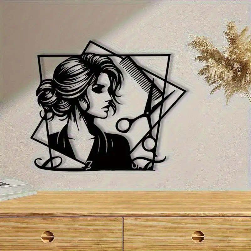 CIFBUY Beauty Salon Lady Iron Wall Sign Black Metal Wall Art Decor Scissors Comb Element Wall Sculpture Hair Salon Wall Ornament