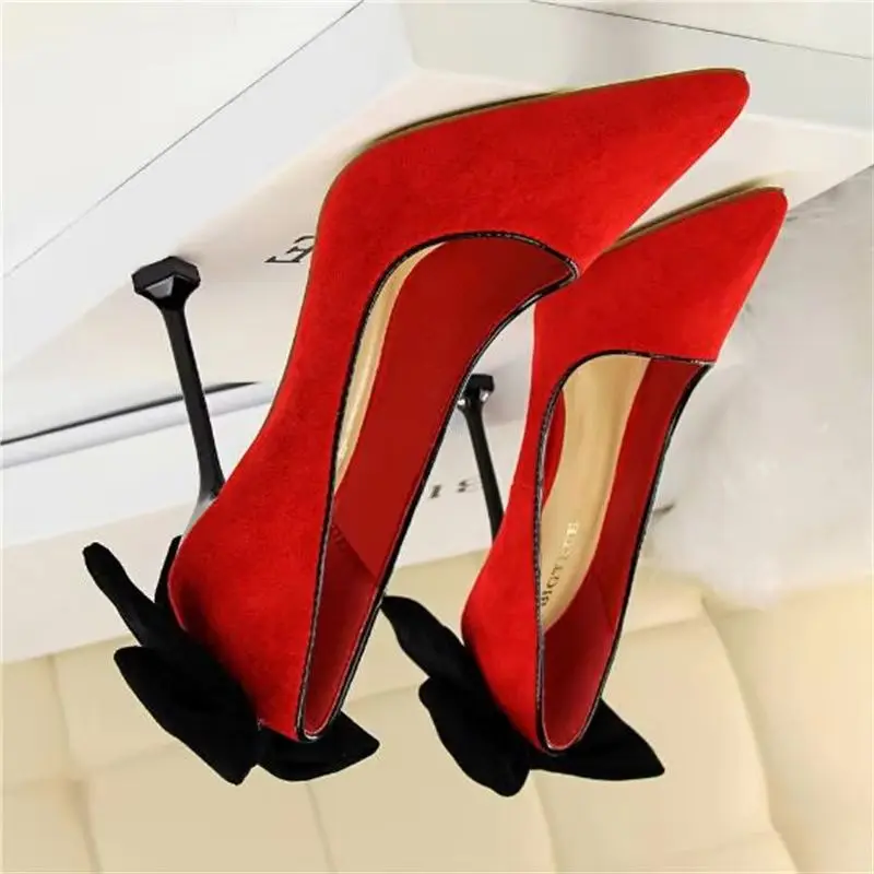 

BIGTREE/2025 новые пикантные женские туфли на тонком высоком каблуке, замшевые туфли на высоком каблуке-шпильке с острым носком и бантом