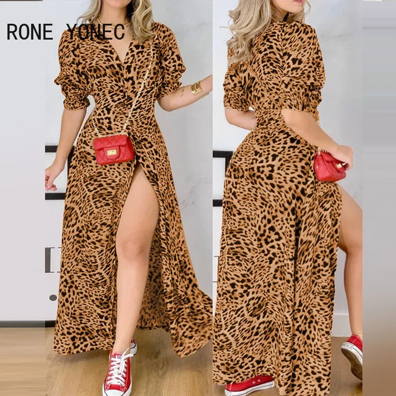 Women Cheetah Print Puff Sleeve High Slit Shirt Dress Vacation Dress 2021