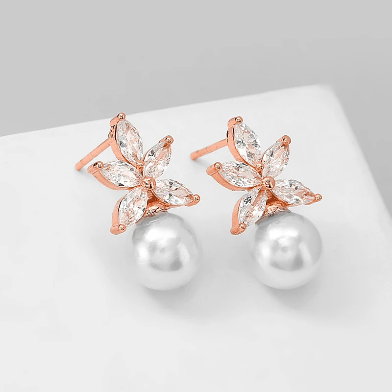 ZAKOL Clear Marquise Zircon Imitation Pearl Stud Earrings Temperament Bridal Wedding Party Jewelry