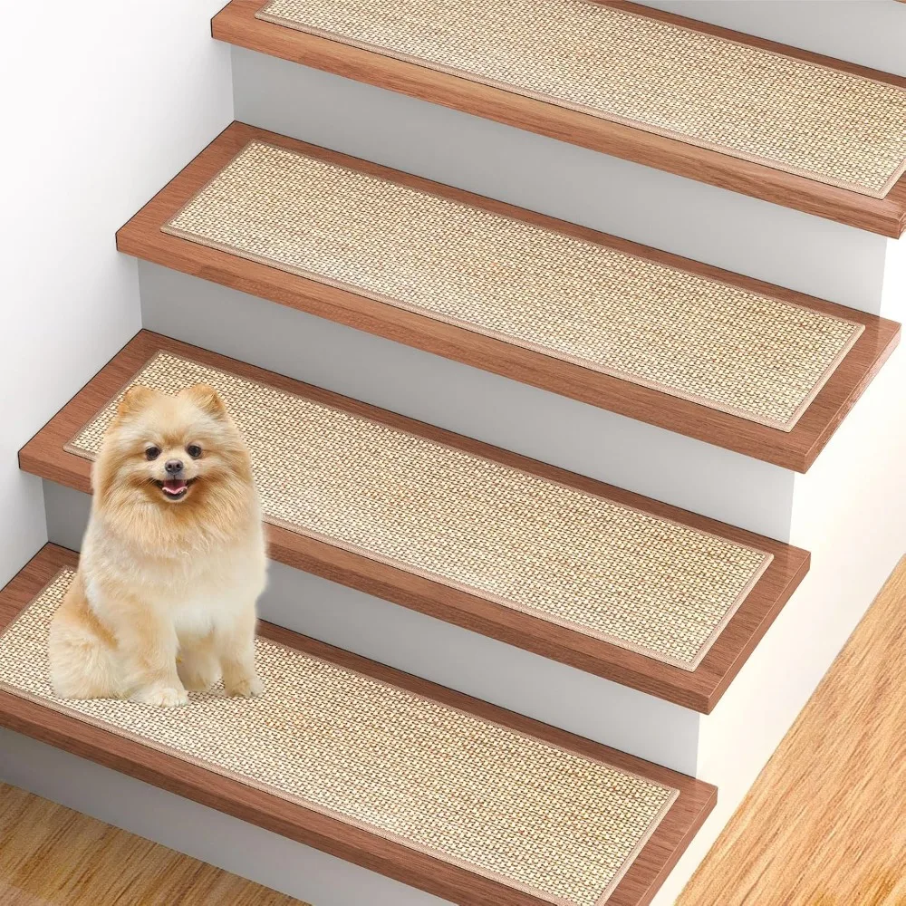 Anti Slip Stair Treads, Wooden Step Carpets, Indoor Stair Treads, Thickened Linen Surface, Self-adhesive Washable Backing