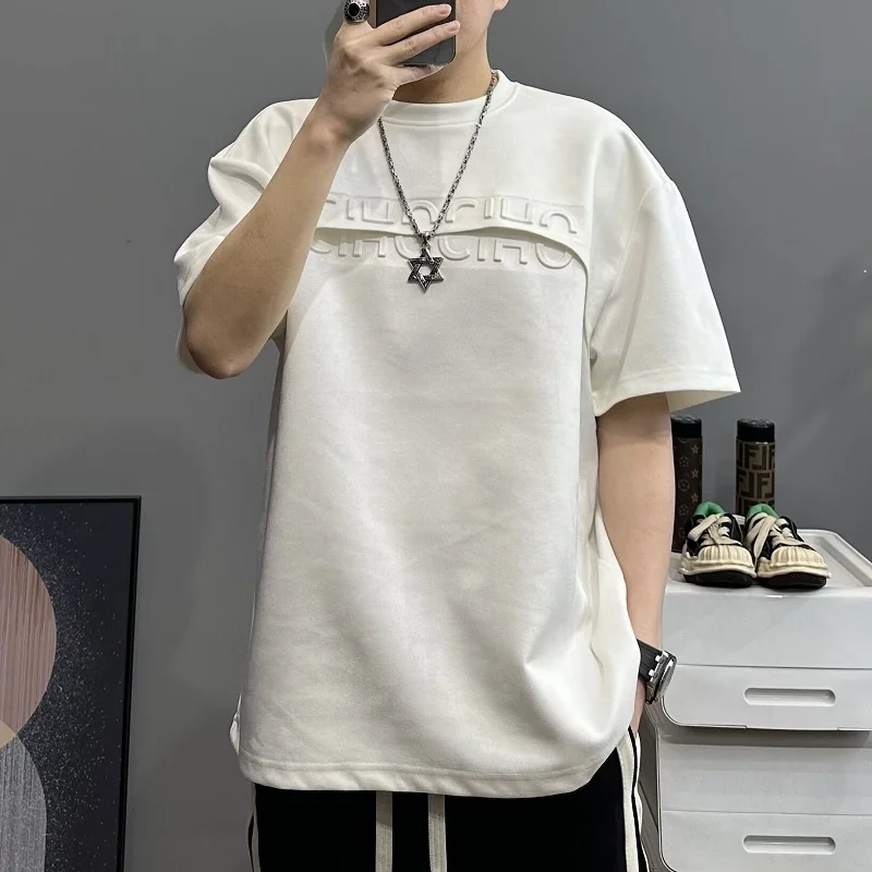 Fashion O-Neck Spliced All-match Solid Color Letter T-Shirts Men\'s Clothing 2024 Summer New Loose Korean Tops Casual Tee Shirt