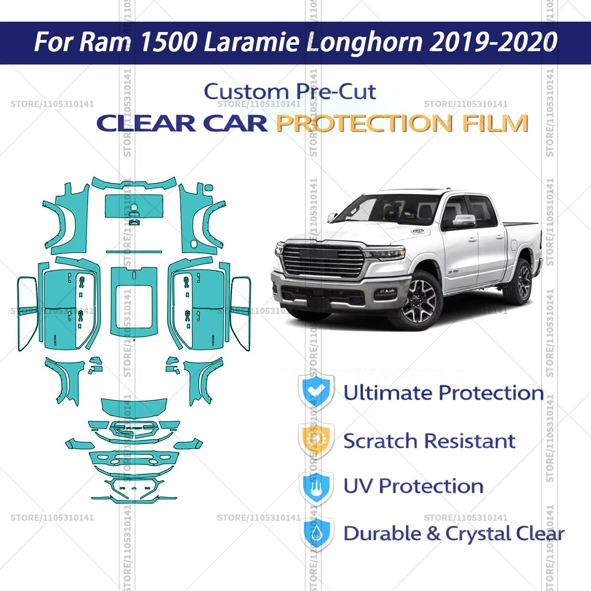 

Защитная пленка PPF для Ram-1500-Laramie-Longhorn-2019-2020, предварительно вырезанная, прозрачная, профессиональная автомобильная пленка PPF