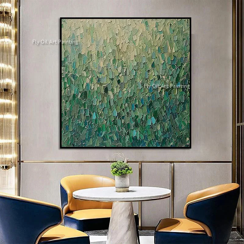 Square Layered Green Textured Artwork, Handcrafted Heavy Thick Paint Canvas, Minimal Natural Home Ornament