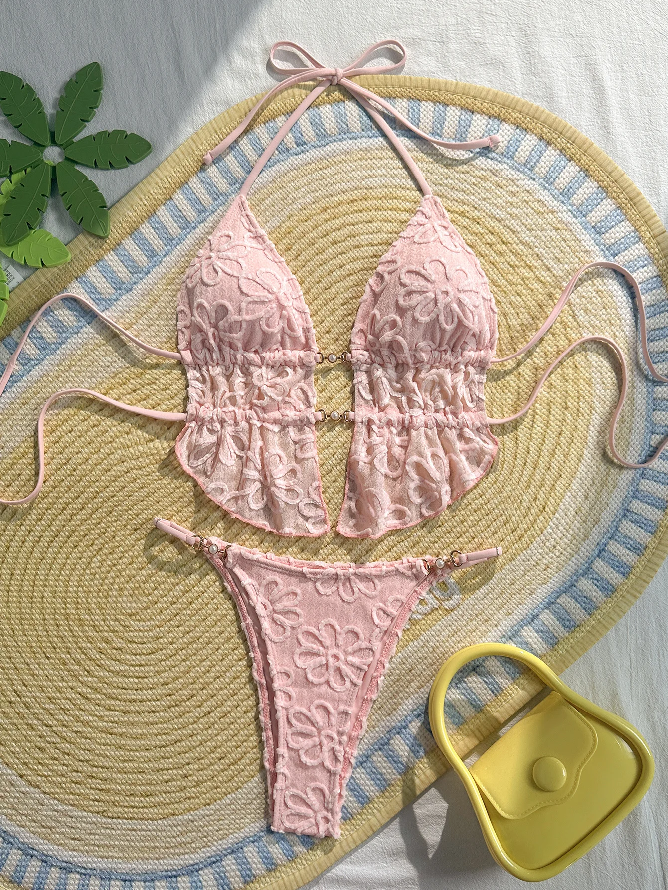 sexy flower pattern beads vest bikinis sets two pieces high waist halter tie swimsuit bathing suit swimwear biquini tankini