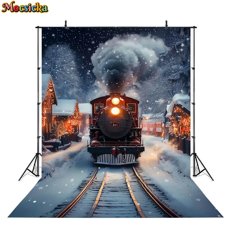 Mocsicka クリスマストレイン背景写真機関車ハウスギフト冬雪の木の装飾子供ベビー背景写真スタジオ