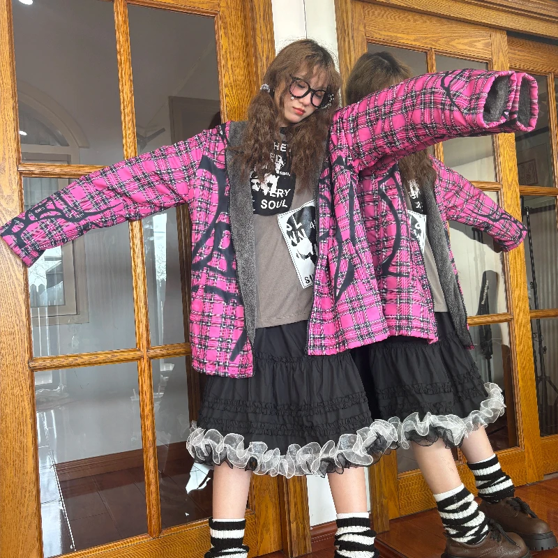 Autumn Winter New Subculture Cotton Women's Jackets Vintage Design Loose Hooded Fleece Cotton Printed Sweatshirt Coats Ladies