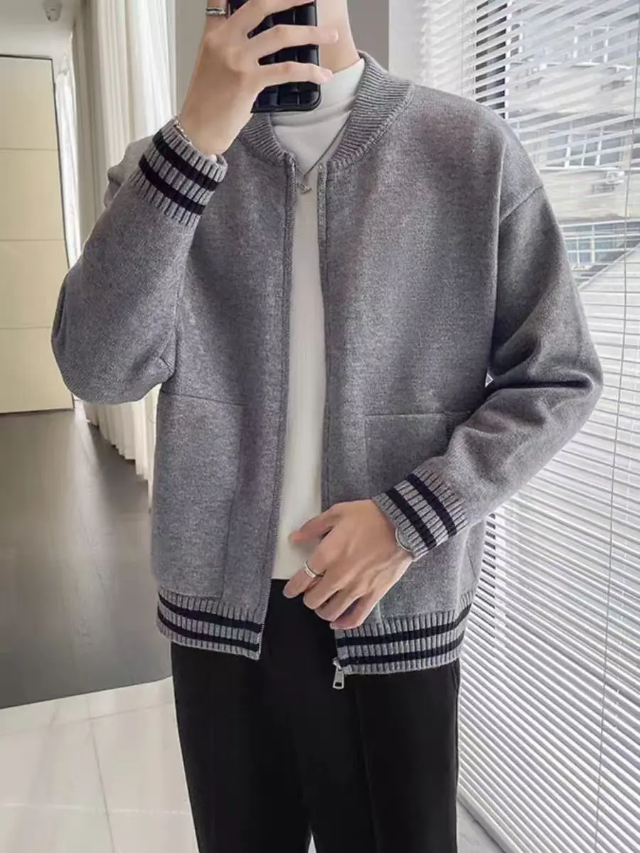 

Men's Casual Knitted Cardigan Coat Spring Autumn Long Sve Baseball Collar Striped Trendy Color Blo Loose Fit Comfortable