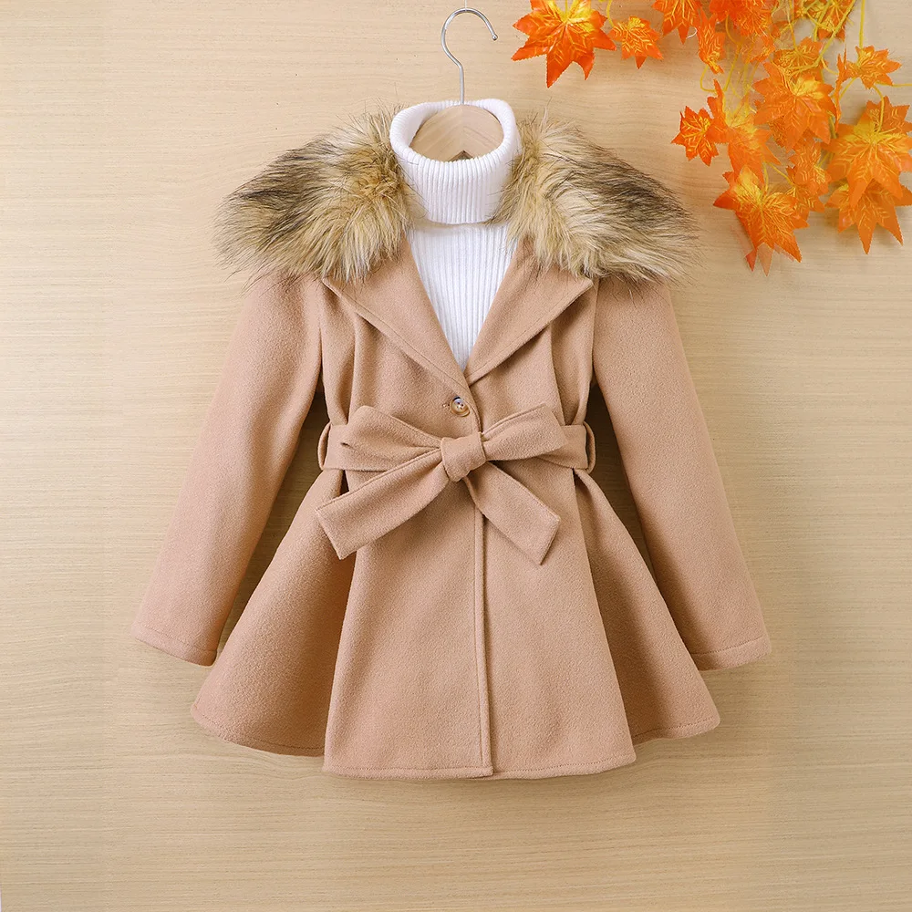 

2023 New Arrivals Spring Autumn Children Long Sleeve Turn-down Collar Feather Khaki Child Girls Clothes Sweater Overcoat 5-8T