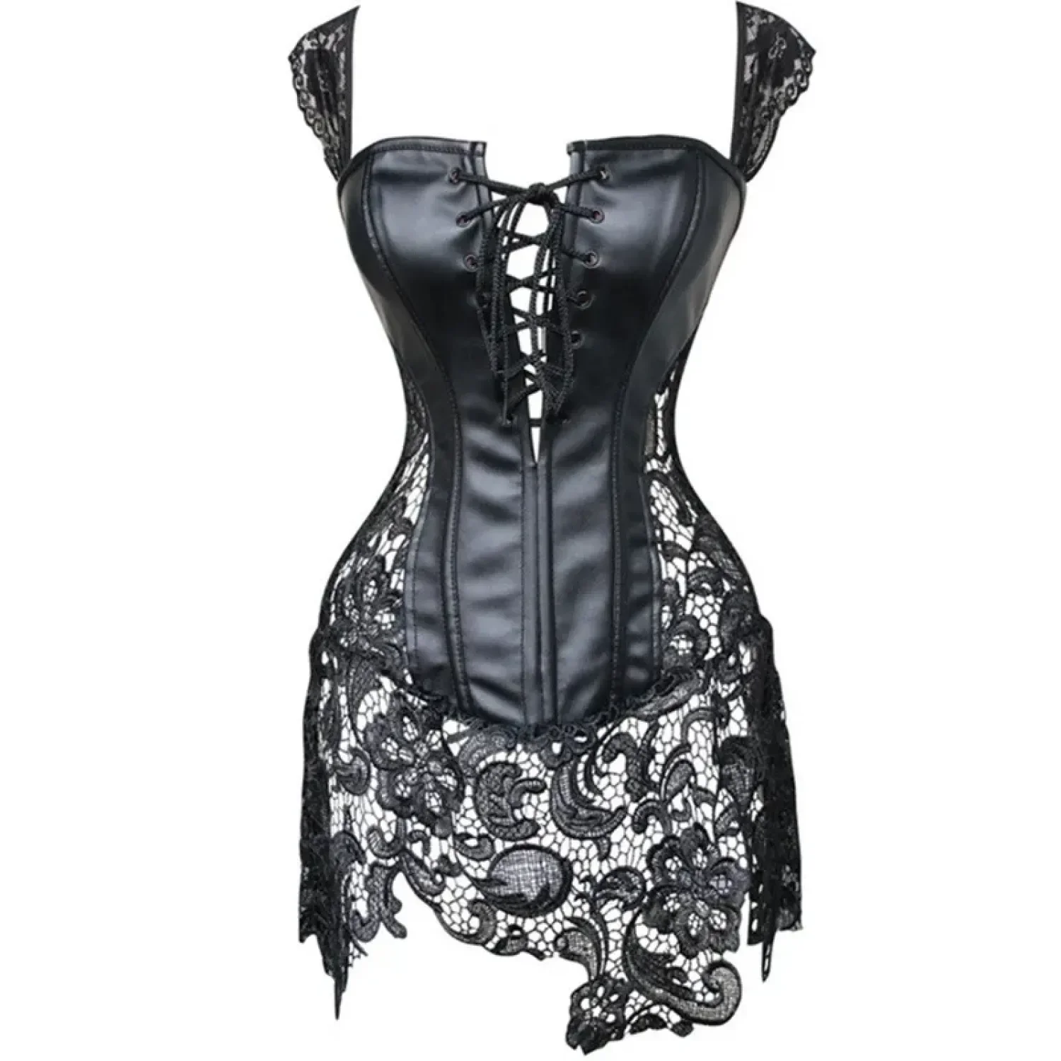 

Womens Shoulder Straps Corset Dress Faux Leahter Bustier Waist Cincher Steampunk Shaper Sexy Lingerie Lace Skirt Plus Size 6XL