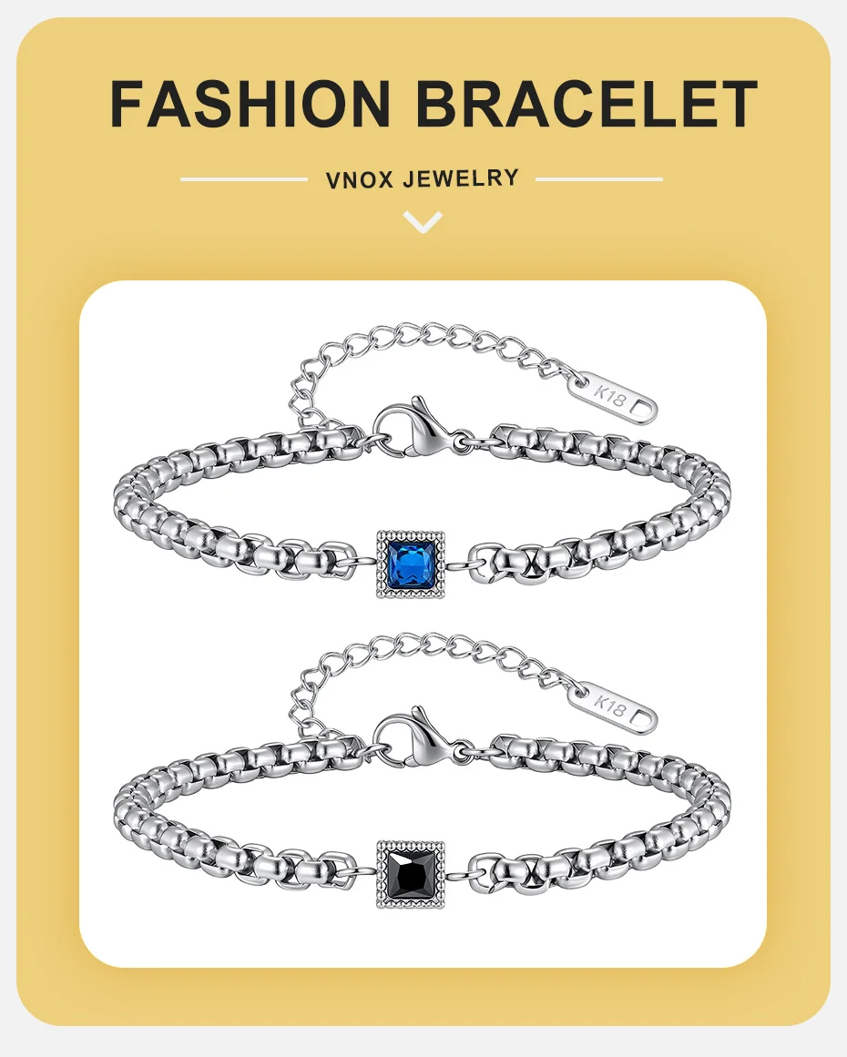 Vnox Herren-Armband mit quadratischer schwarzer blauer Zirkon-Boxkette, verstellbares 18–23 cm langes Gliederarmband aus Edelstahl, Modeschmuck, Geschenk – Detail 1
