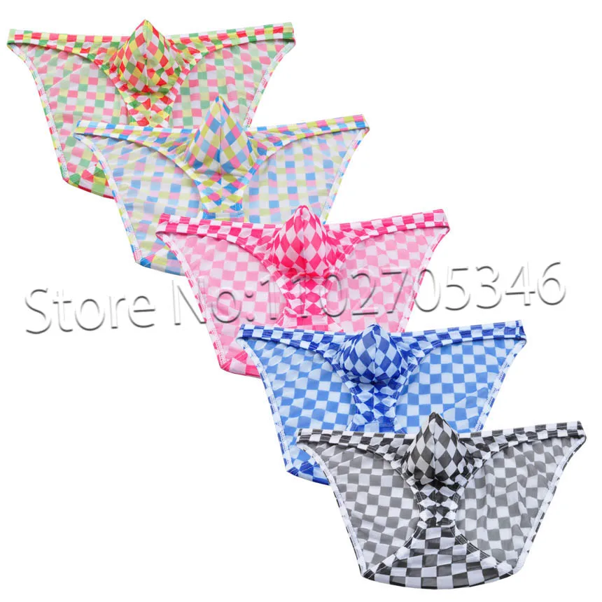 Men's Brief Mesh Plaid Mini Pants Underwear Bulge Pouch Briefs Transparent Lingerie Mens Fishnet Penis Pouch Underpants