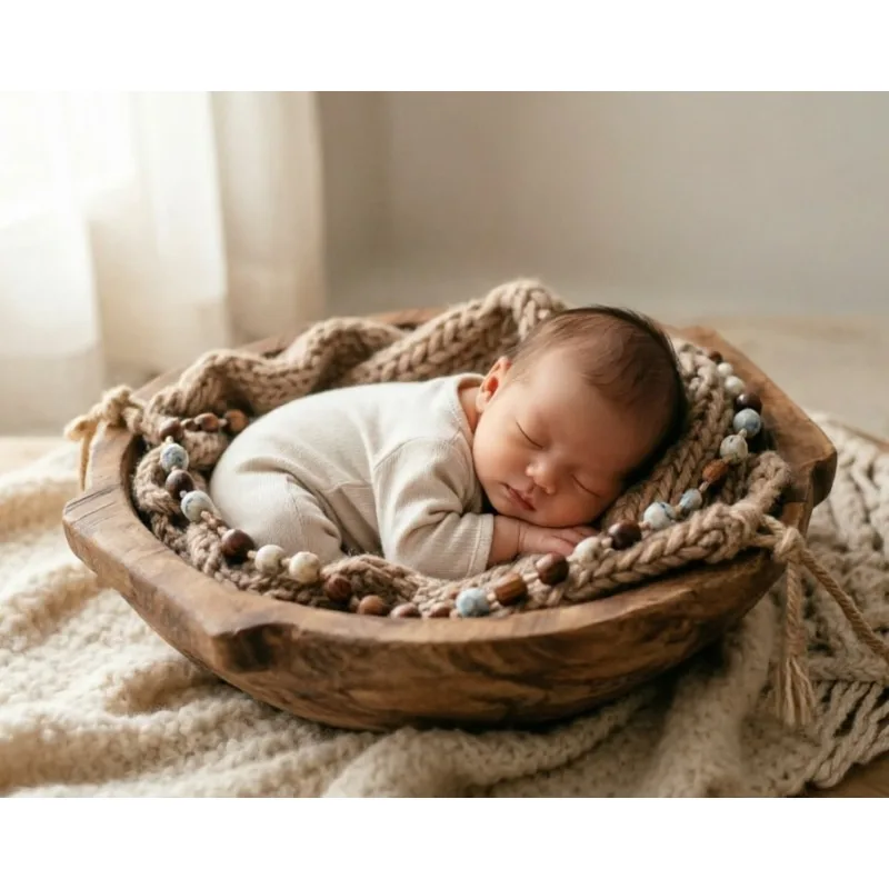 Vintage Wooden Bowl Posing Container Prop For Studio Portrait Shooting Newborn Full Moon Photoshoot Scene Layout Accessory