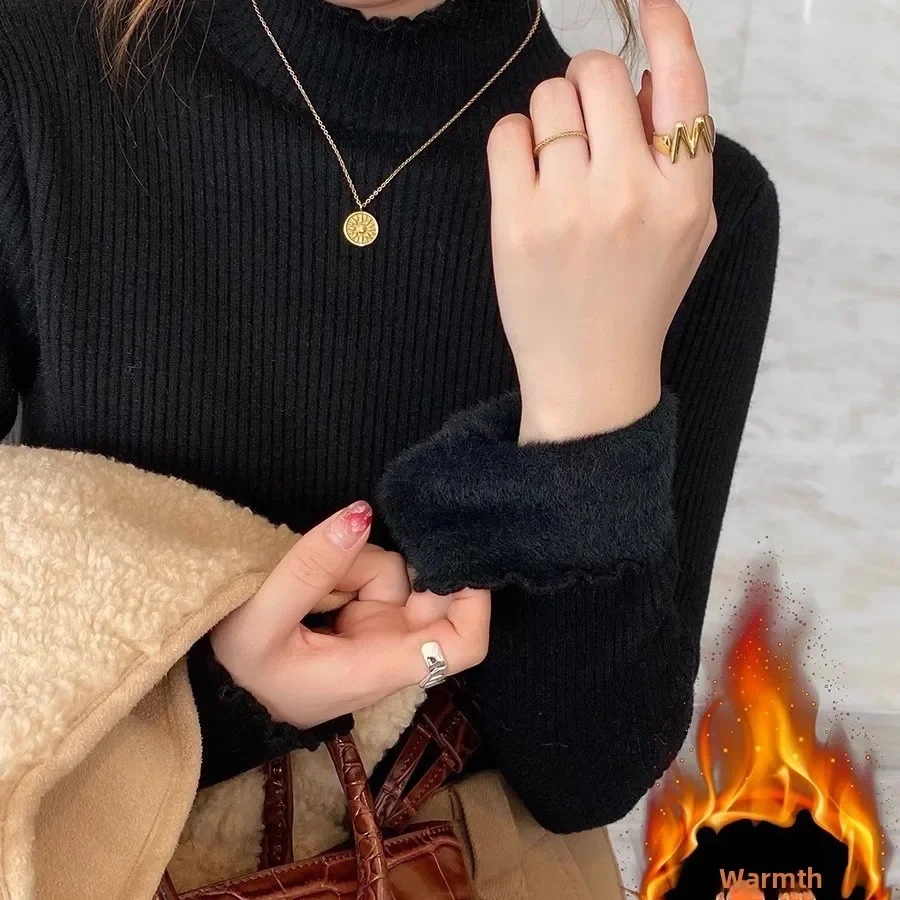 

Women's Autumn Winter Warm Long Sleeve Inner Wear Top Half High Collar Thickened Fleece Lined Knitted Mid Neck One Piece Velvet