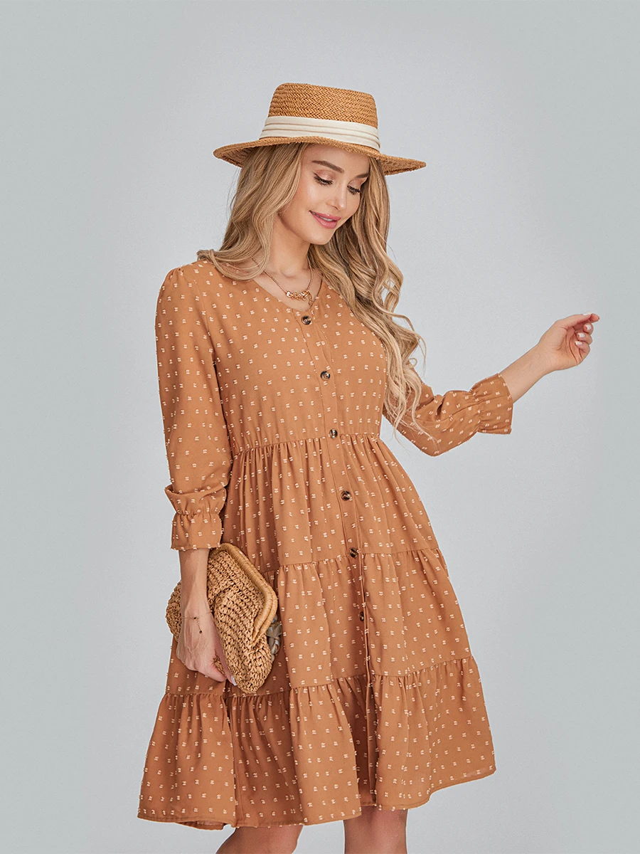 

Women s Summer A-Line Dress Swiss Dot Long Sleeve V-Neck Front Button High Waist Knee Length Dress