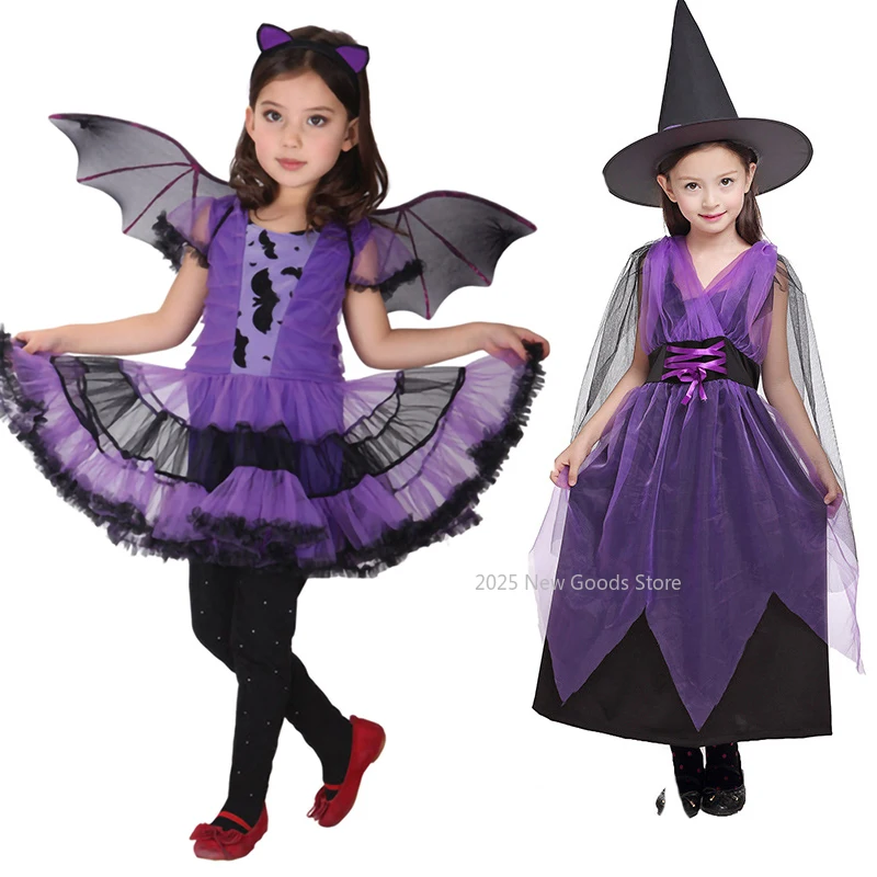 

Kids Girls Purple Bat Vampire Princess Dress Fancy Cosplay Costume Witch Clothes with Wing Halloween Role Play Clothing