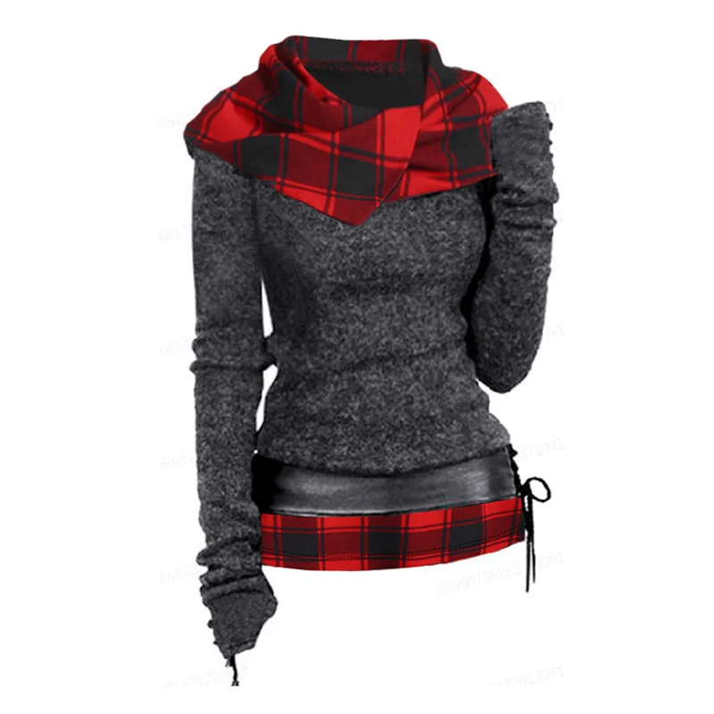 Women\'s Plaid Print Hooded Knit Top Long Sleeve Surplice Hood Knitted Top With Lace-up Belt Spring Winter Hoodie Tops