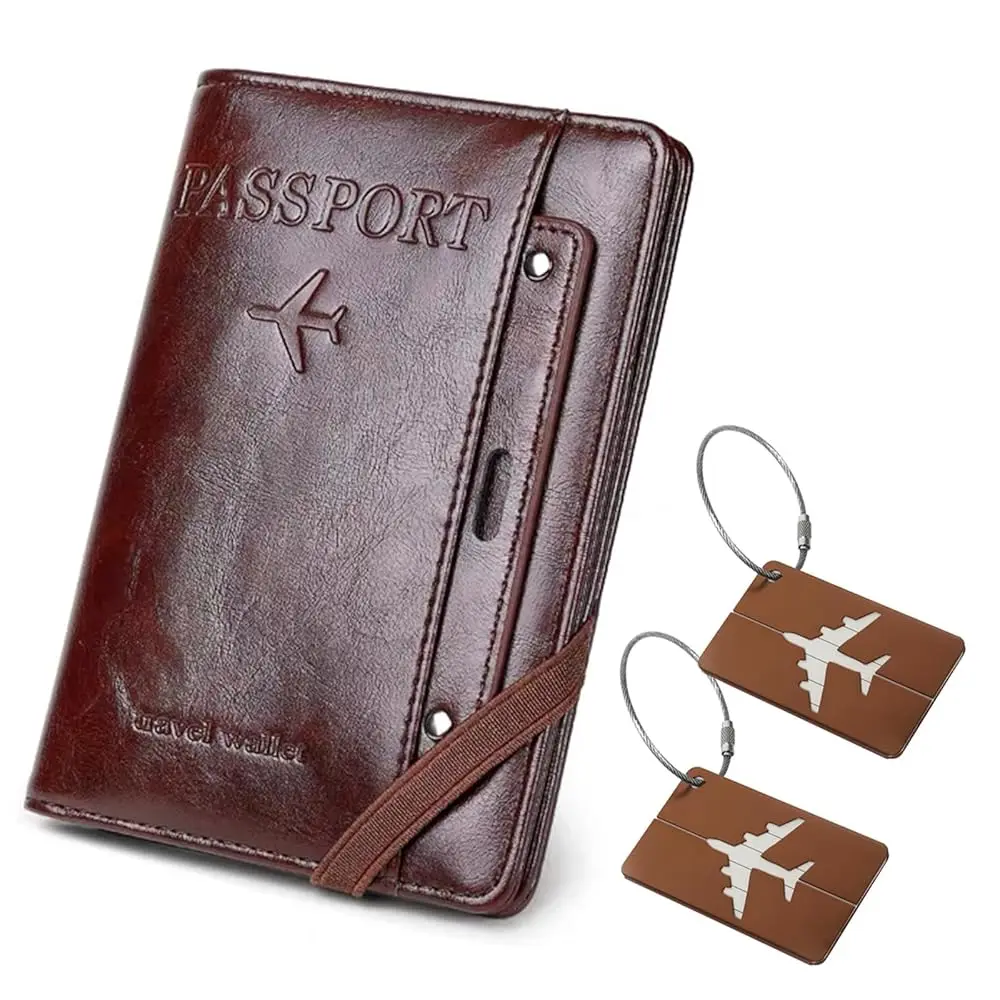 Passport Holder for Travel ，with 2 Luggage Tags,RFID blocking Passport Cover Wallet for Women Men, Waterproof PU Leather pass