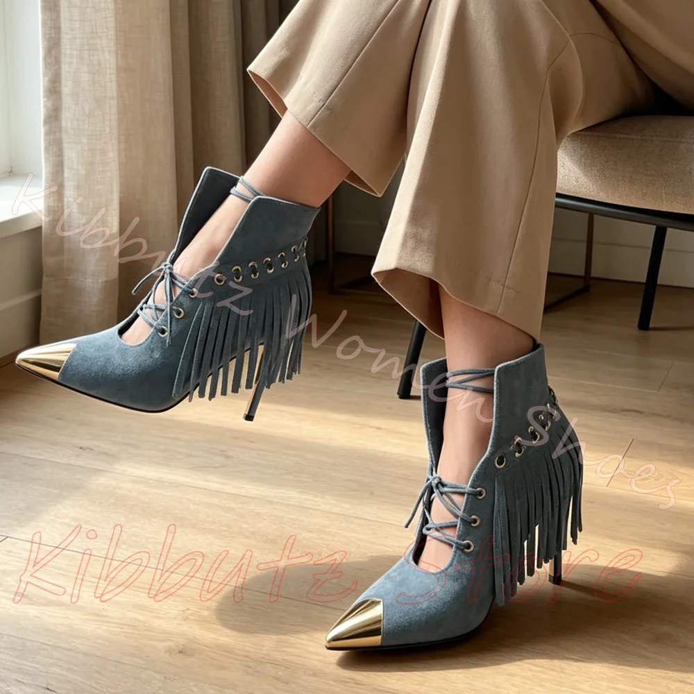 Metal Cap Toe Fringe Pumps Lace Up Western Stiletto Ankle Booties Women Grommet Cutout Nightclub Footwear Shoes Fashion Elegant