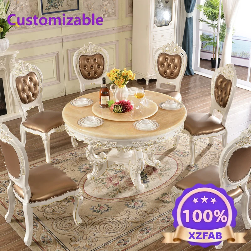 Factory Direct 2026 Marble round villa large apartment dining table combination, flower round table 6 people rotating dining tab