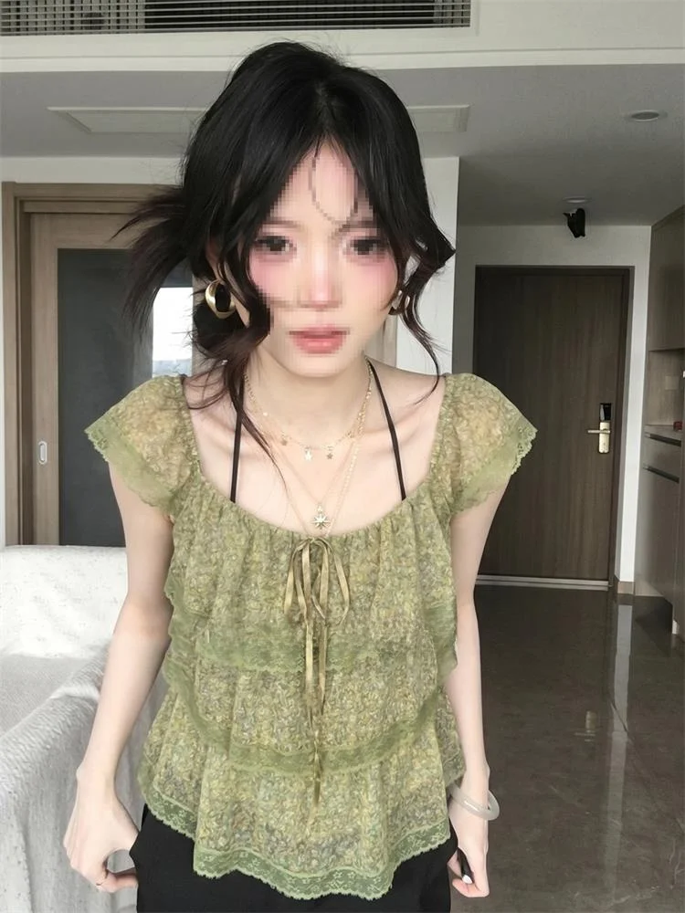 Style Layered Lace Trimmed Fly Sleeve Top Summer New Arrival Korean Version Loose Fit Printed Chiffon Women's Shirt
