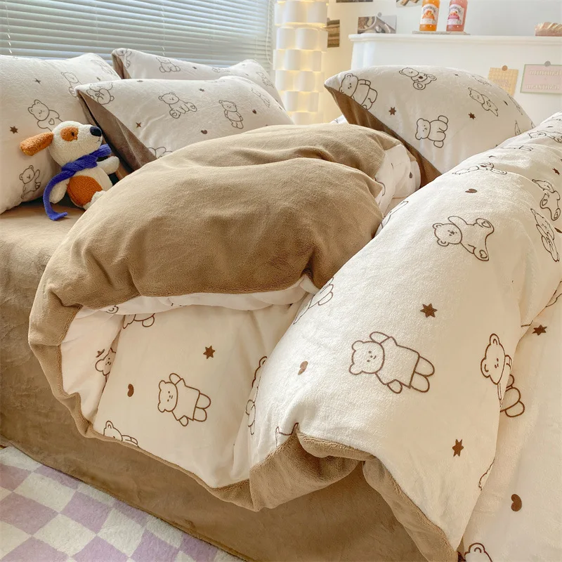 Winter Cartoon Dormitory Bedding Set Bedding Supplies Little Bear Dean Print Plush Thickened Warm Milk Velvet 1.2/1.5/1.8m