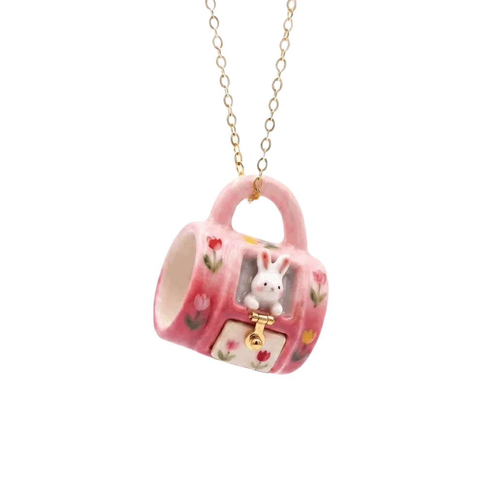Lightweight Miniature Mug Pendant Necklace Alloy Gold Tone Ceramic Necklace Micro Scene Bunny Cat Cartoon Jewelry Christmas Gift