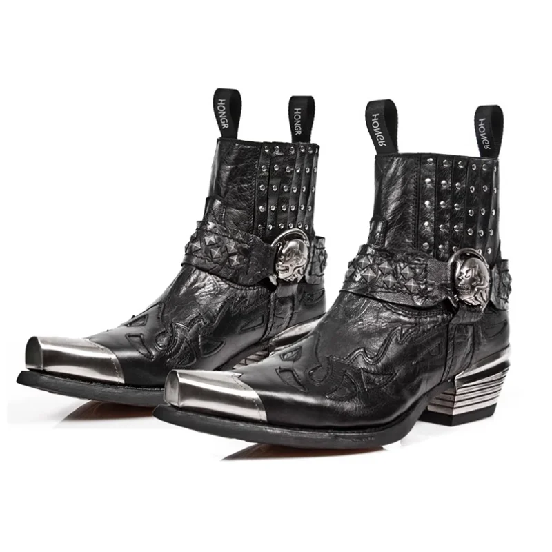 

Sharp Pointed Women's Leather Retro Metal Head Denim Height Increasing Short Boots