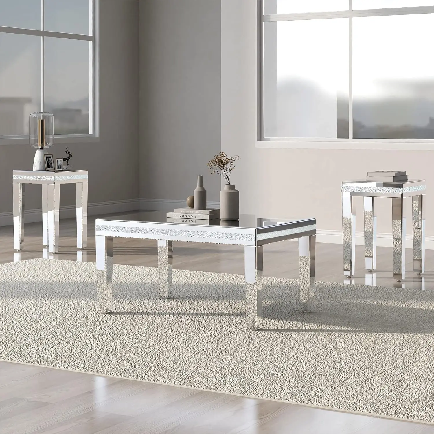 Merax Modern 3 Piece Mirrored Table Set -Coffee Table and 2 Side End Tables with Crystal Design and Adjustable Legs for Receptio