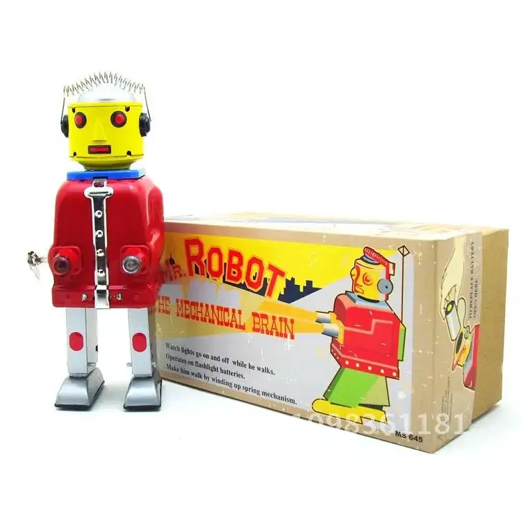 [Best] Adult Collection Retro Wind up toy Metal Tin Mr robot red Clockwork Mechanical model toy figures kids silver gift toy