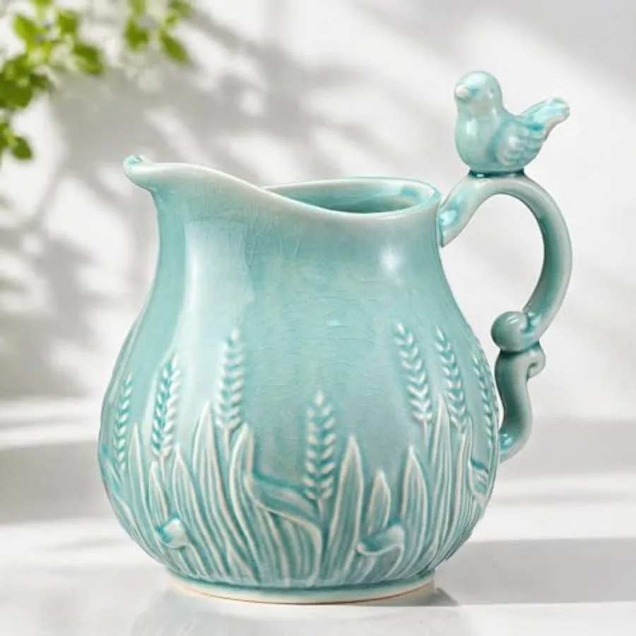 

Rustic Ceramic Vase with Bird Handle, 9.1x8.7x6.3 in, Blue Ceramic Vase for Home Decoration, Vintage Style Flower Holder for Li